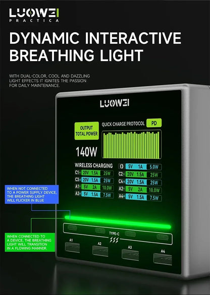 LW-U1 Raptor 140 W 8-Port USB-C & USB-Ladestation mit Wireless Charging – Schnellladegerät für Smartphone, Tablet & Laptop - EDV-Outlet