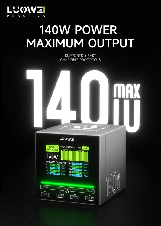 LW-U1 Raptor 140 W 8-Port USB-C & USB-Ladestation mit Wireless Charging – Schnellladegerät für Smartphone, Tablet & Laptop - EDV-Outlet